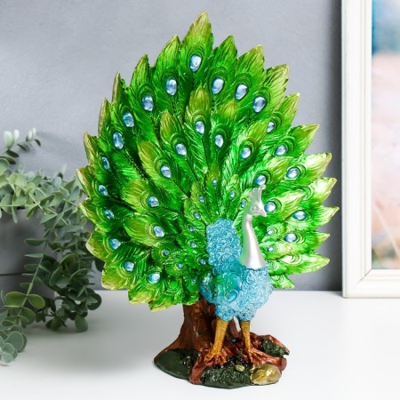 Polystone souvenir "Blue peacock with green, blossoming tail in the meadow" 13x30x35 cm