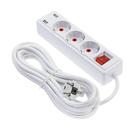 Extension cord Luazon Lighting, 3 sockets, 5 m, 10 A, 2200 W, 2x0.75 mm2, 2xUSB, with excavation, b-1
