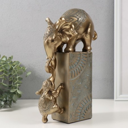 Polystone souvenir "Elephant with a baby on a column with patterns" Bronze with a patina 20x9x28 cm-1