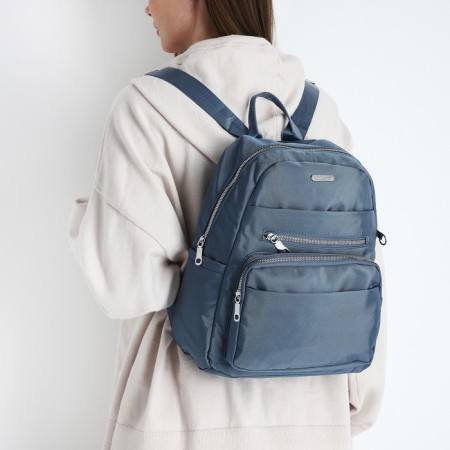 A backpack with a zipper, 5 outer pockets, pencil case, turquoise color-9