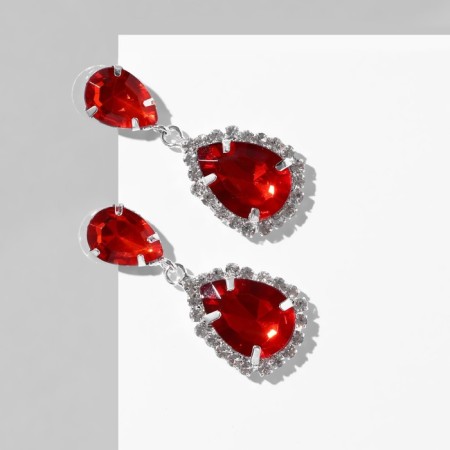 Earrings with rhinestones "drop" elegy, red-white color in silver-1