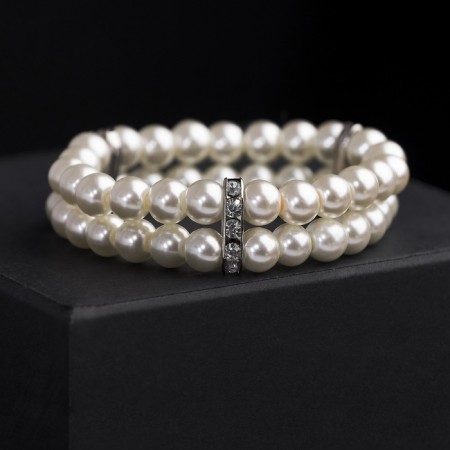 Bracelet Pearl "Bride" beads d = 0.8 two rows, with rhinestones, milk color-3
