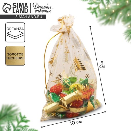 Bag Gift Organza “With New Happiness!”, 10 x 12 cm +/- 1.5 cm, New Year-1