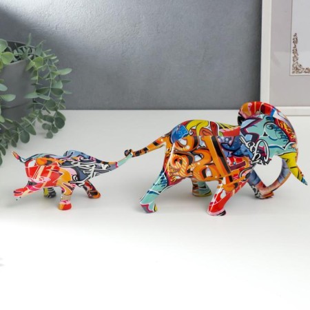 Souvenir Polystone "Elephant and Elephant" graffiti set 2x8.5x26 cm 8.8x5x17 cm-3