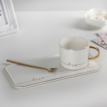 Tea couple ceramic with a spoon "Aesthetics", 2 items: a mug 250 ml, stand 24.5 × 12.5 cm, white color