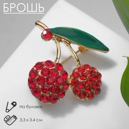 Brooch "Cherry" with a leaflet, the color is red-green in gold