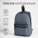 A backpack with a zipper, "saxi", outer pocket, dark gray color
