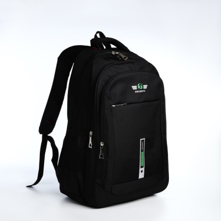 Youth backpack from textiles, 2 parts with a zipper, 4 pockets, black/green color-2