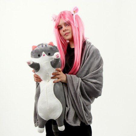 Soft toy "cat" with a blanket, 65 cm, gray color-6