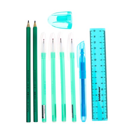 Cleaning set 10 objects (pencil case is 65 x 210 mm, pens 4 pieces Blue, ruler 15 cm, sharpener, pencil 2 pieces, textbook), turquoise-8