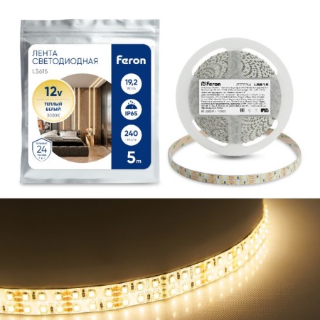 Feron 5 m, IP65, SMD2835, 240 LED/m, 19.2 W/m, 12 V, glow warm white white