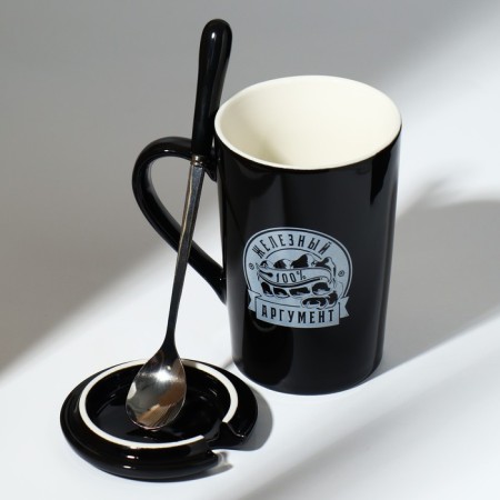 Ceramic “Argument” mug, 420 ml, with a spoon and lid, black color-2
