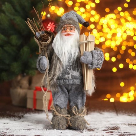 Santa Claus "In a gray suit with skis" 30x18 cm