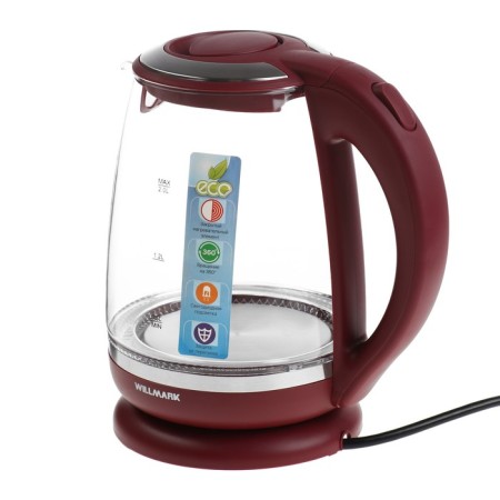 Electric kettle WillMark WEK-2005G, glass, 2 l, 2200 W, LED lighting, burgundy-2
