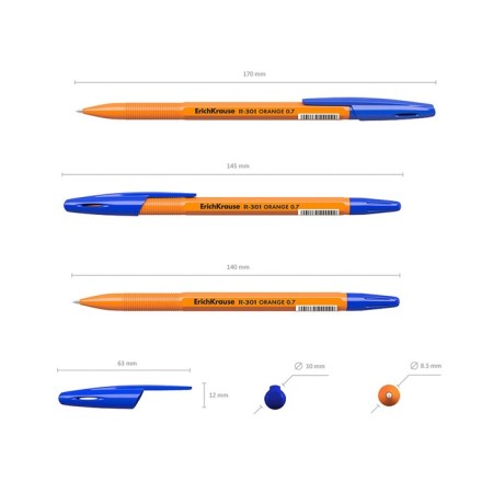 A set of ballpoints Erichkrause R-301 Orange Stick, 8 pieces, node 0.7 mm, blue ink blue-3