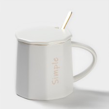 Ceramic mug with a spoon Simple, 350 ml, white color