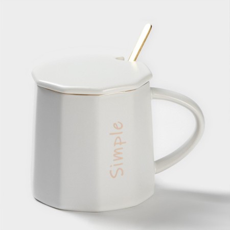 Ceramic mug with a spoon Simple, 350 ml, white color