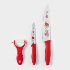 A set of kitchen supplies of the Narcissus, 3 subjects: 2 knives with an anti -wound coating, a blade 12 cm, vegetable cleaning, 20 × 4 cm, red color