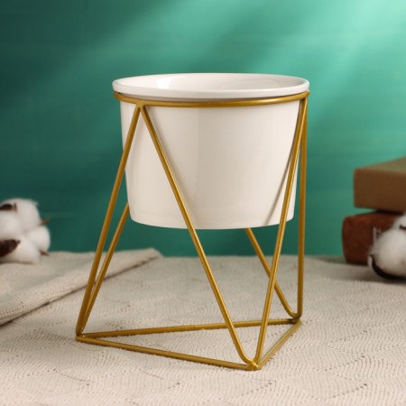 Pot on the stand "Glass" white with gold, 14x11x15cm-1