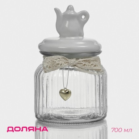 Glass Bank for bulk products with ceramic lid "Tea Conversations", 700 ml, 10.7 × 17 cm, white color