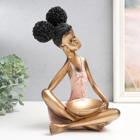Polystone souvenir "Girl with curly tails, with a dish" pink-gold 17x12x27 cm-1