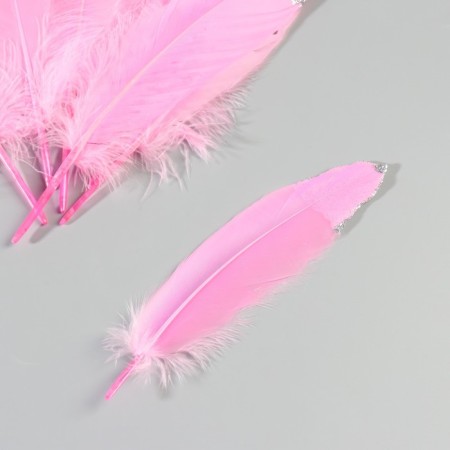 A set of goose feathers 15-20 cm, 10 pcs, bright pink with silver crumb-3
