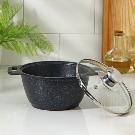 Pan, 1 l, d = 18 cm, h = 13.5 cm, glass cover, anti -stick coating, color dark marble-1
