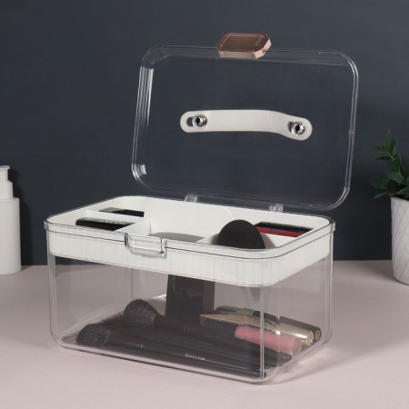 Organizer for storage, with a handle, 2 sections, 27 × 17 × 13.5 cm, white/transparent color-1