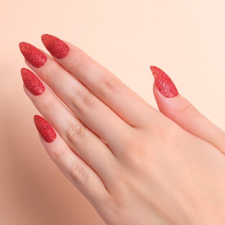 False nails, 24 pcs, with glue plates, the shape of almonds, sparkles/holography, red color-12