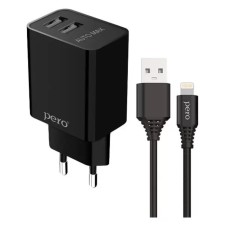 Network charger PERO TC02, 2 USB, 2.1 A, Lightning cable, black