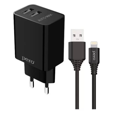 Network charger PERO TC02, 2 USB, 2.1 A, Lightning cable, black