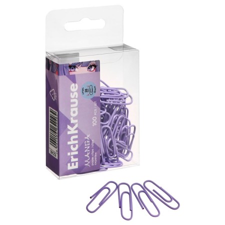 Office paper clips 28 mm, 100 pcs, Erichkrause "Manga", with vinyl coating, in PET boxes, lilac