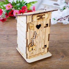 The piggy bank is wooden, 