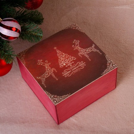 Gift box "Merry Christmas, with deer", burgundy, 20 × 20 × 10 cm