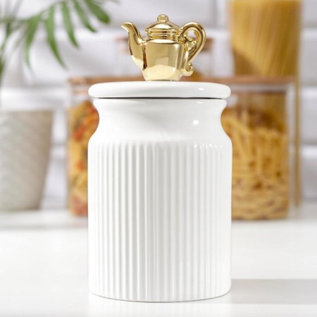Ceramic bank for bulk products "Golden Teapot", 10 × 19 cm, white color
