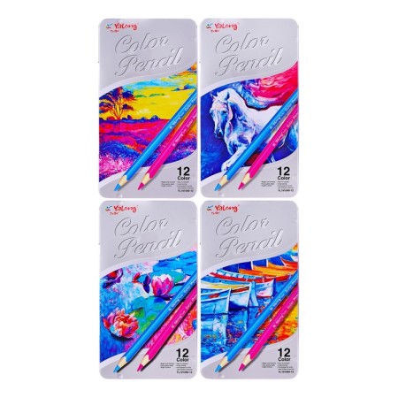 Pencils 12 colors, in metal pencil case, triangular, wooden, landscape, mix-1