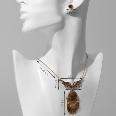 Set 2 objects: earrings, pendant “Wings”, white-red color in black gold, 48 cm-1