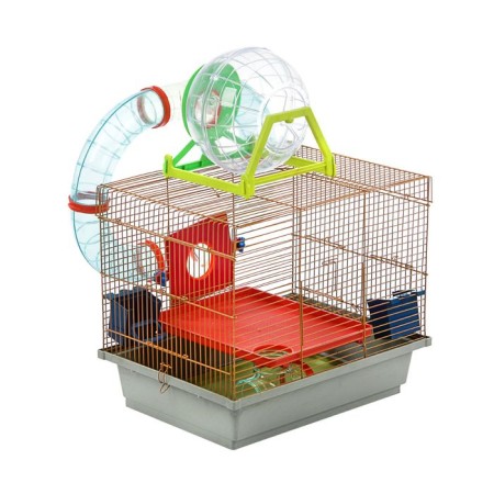 A two -tier cage with a labyrinth and a wheel, 39 x 29 x 33 cm, a mix of flowers