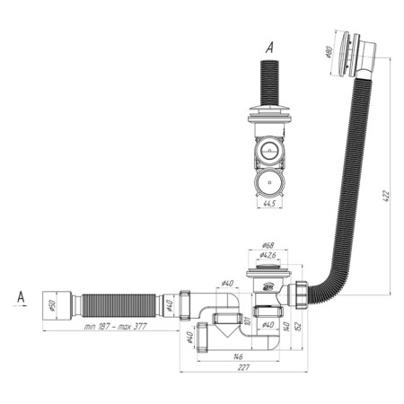 Siphon for the bathtub "Ani Plast" EC255BL, D = 40 x 50 mm, adjustable, with corrugation, click-cracker, black-4