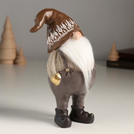 Polystone souvenir "Gnome in gray pants, in a hood with Christmas trees" 11x7x17.5 cm-1