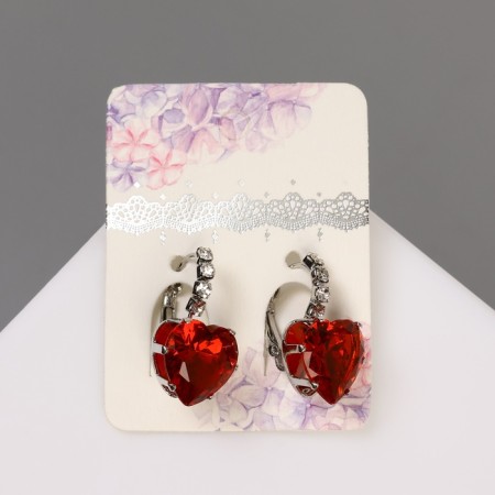 Earrings with rhinestones "Heart" flicker, white-red color in silver-2
