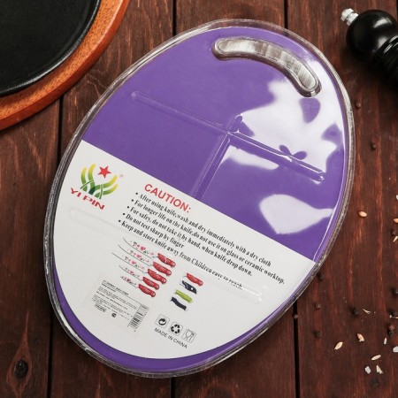 A set of kitchen utensils, 4 objects: knife, scissors with an anti -daliped coating, vegetable cleaning, board, purple color-1