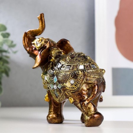 Souvenir Polystone "Elephant in the Golden Popone with mirror mosaics" 13.5x12x5.7 cm-1