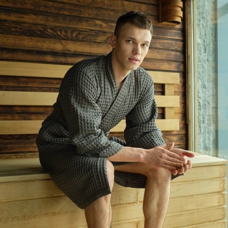 Wafel dressing gown men's elongated Ethel "BOHO" size 54-56, color is light gray, 100% cotton, 290 g/m2-5