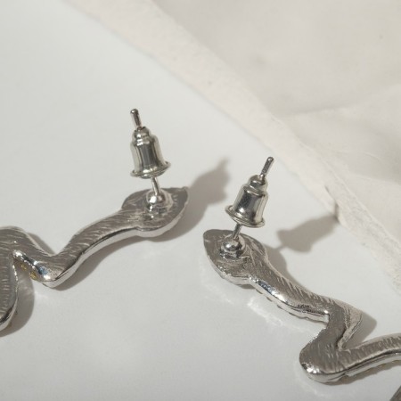 Hanging earrings with rhinestones "snake" curved, white color in silver, 5.7 cm-1