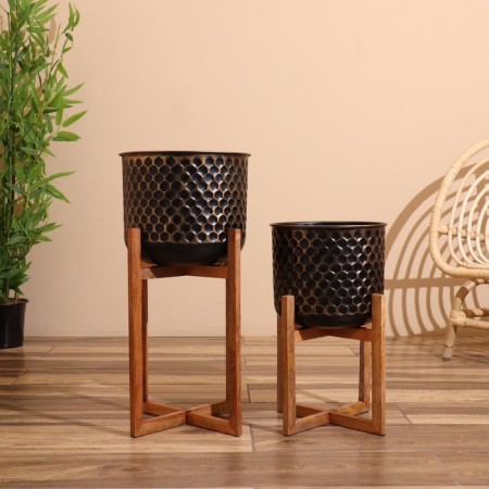Kashpo on the stand "Hani" metal, wood (set 2 pcs), diameter 29 and 26 cm-1