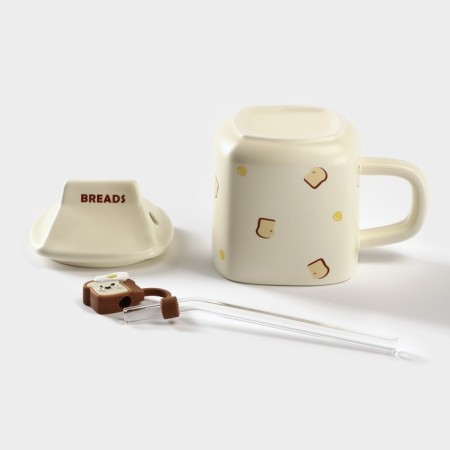 Ceramic mug with a lid and tube Brieds, 350 ml, beige color-1