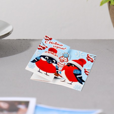 Double mini-postcard "Happy New Year!" glitter, bullfinches, 16.5x10 cm-2