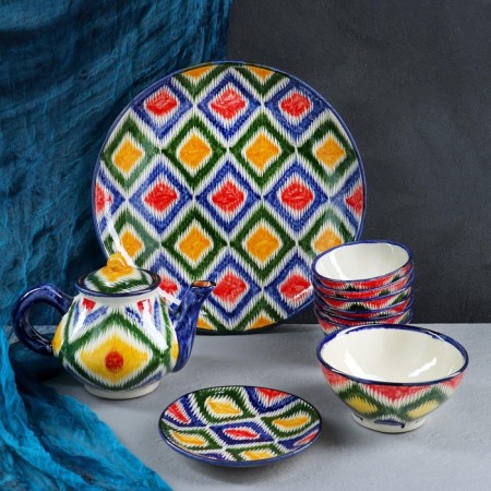 Set of Tea Rishtan Ceramics "Atlas No. 2", 9 items (kettle 1l, Piala 0.3l), mix-8