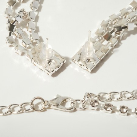 Set 2 objects: earrings, necklace of “sparks” rectangles, white color in silver, 30 cm-1